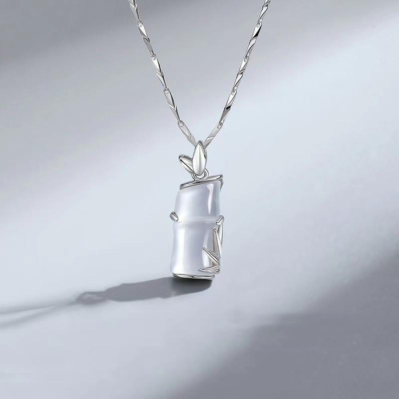 Moon Stone Bamboo Pendant 925 Sterling Silver Necklace