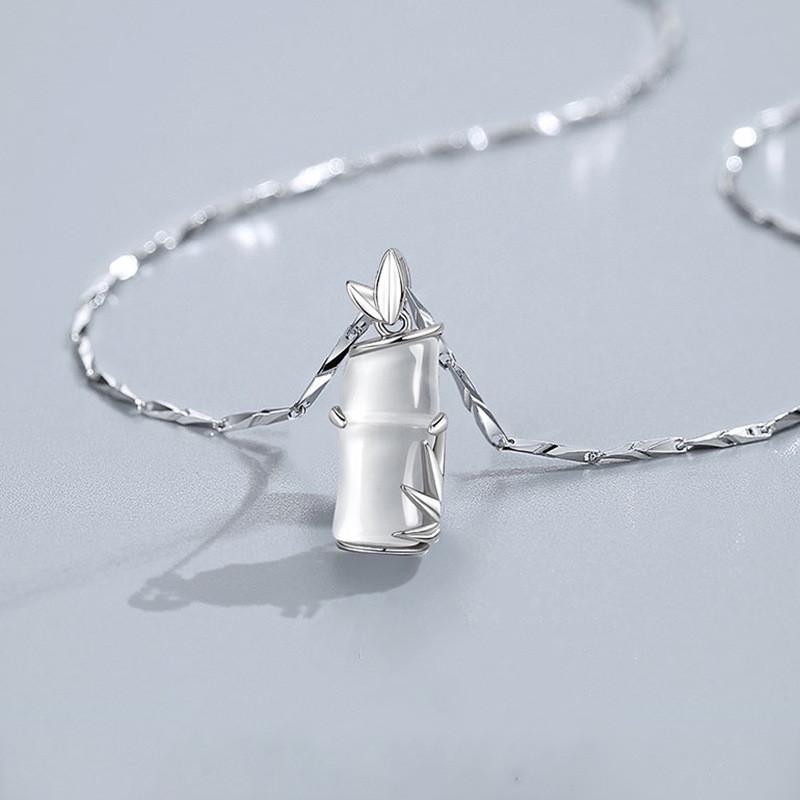 Moon Stone Bamboo Pendant 925 Sterling Silver Necklace