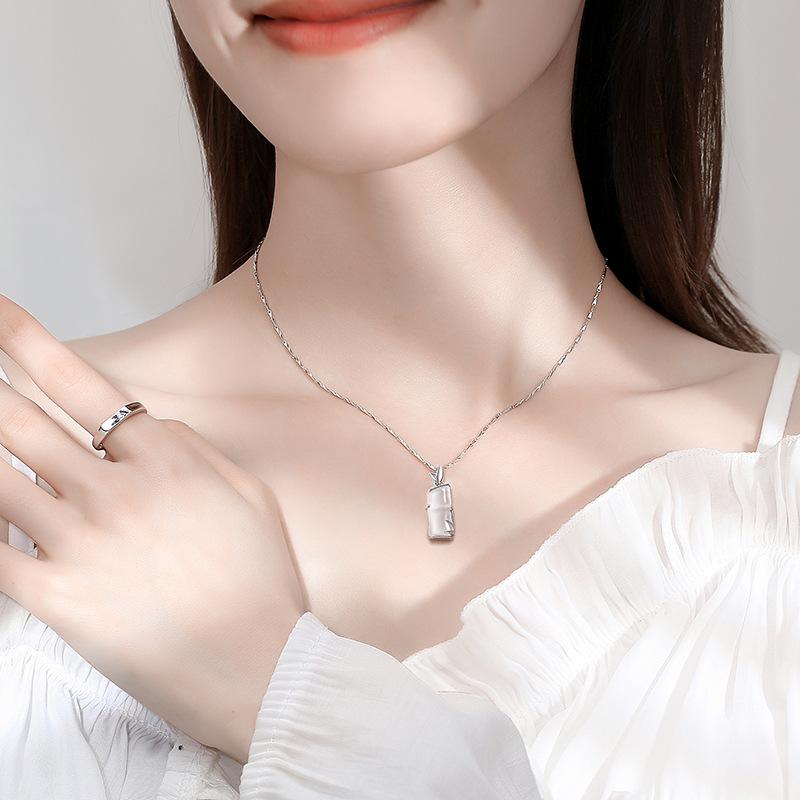Moon Stone Bamboo Pendant 925 Sterling Silver Necklace