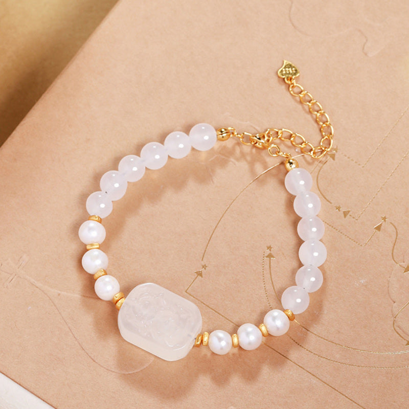 White Chalcedony Freshwater Pearl Bracelet-Moonlit Ripples