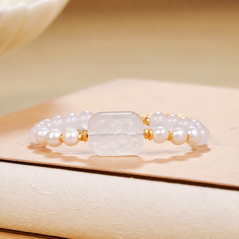 White Chalcedony Freshwater Pearl Bracelet-Moonlit Ripples