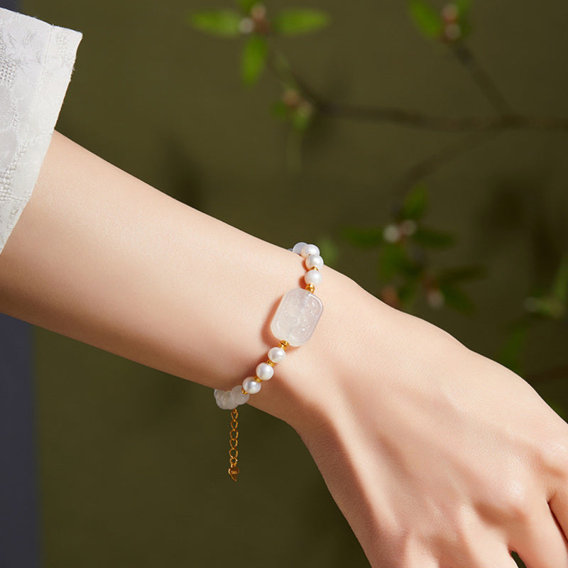 White Chalcedony Freshwater Pearl Bracelet-Moonlit Ripples
