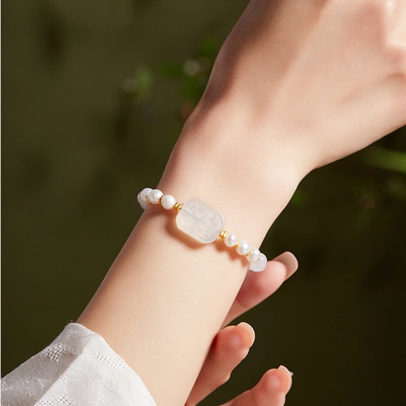White Chalcedony Freshwater Pearl Bracelet-Moonlit Ripples