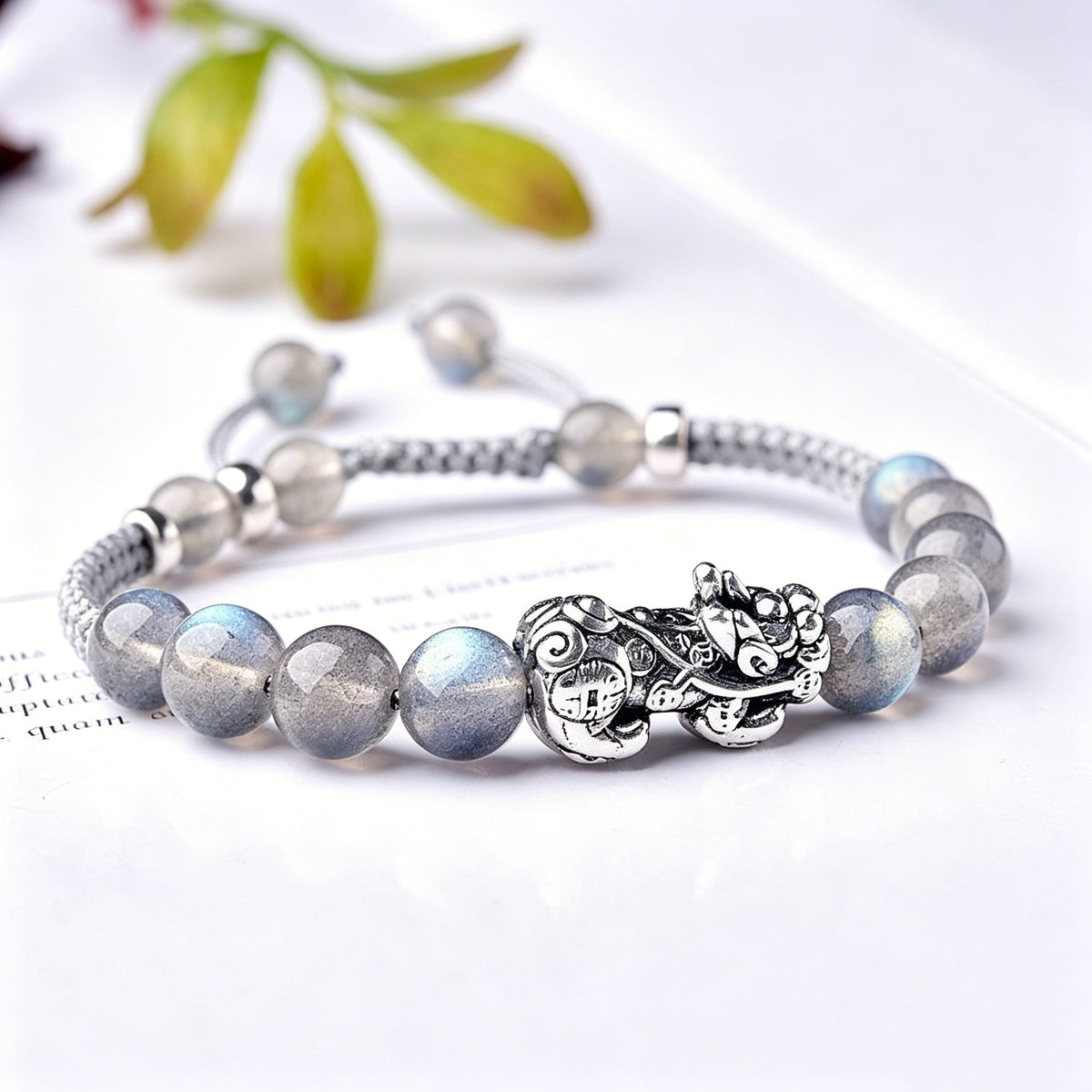 Natural Gray Moon Stone Bead Silver Pixiu Healing Bracelet
