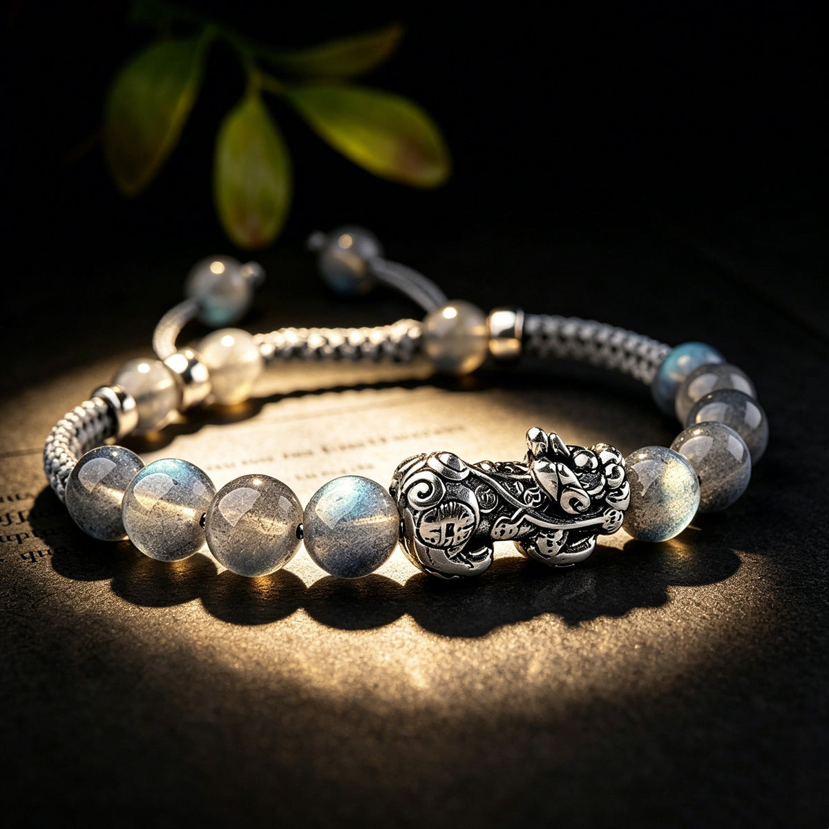 Natural Gray Moon Stone Bead Silver Pixiu Healing Bracelet