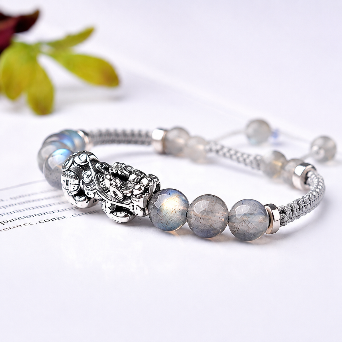 Natural Gray Moon Stone Bead Silver Pixiu Healing Bracelet