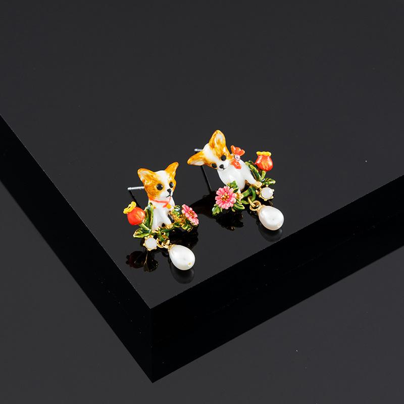 Natrual Pearl Lucky Dog Enamel Earrings