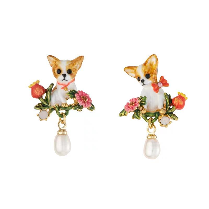 Natrual Pearl Lucky Dog Enamel Earrings