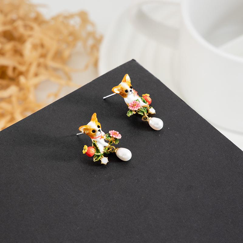Natrual Pearl Lucky Dog Enamel Earrings
