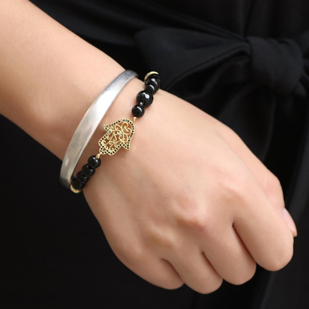 Natural Black Agate Hollow Hand of Fatima Healing Bracelet