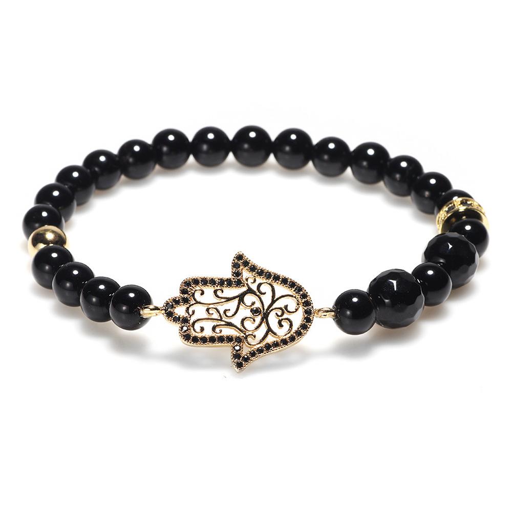 Natural Black Agate Hollow Hand of Fatima Healing Bracelet