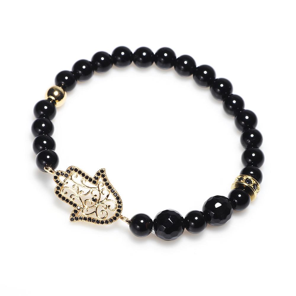 Natural Black Agate Hollow Hand of Fatima Healing Bracelet