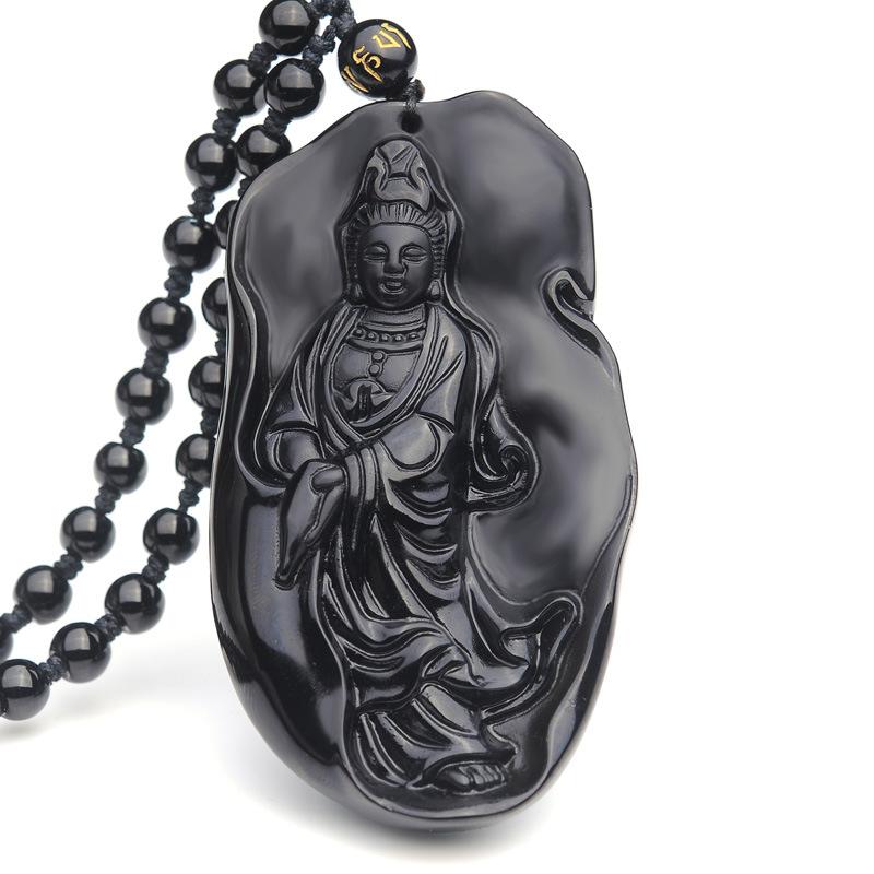 Natural Black Obsidian Guanyin Buddha Pendant  Protection Necklace