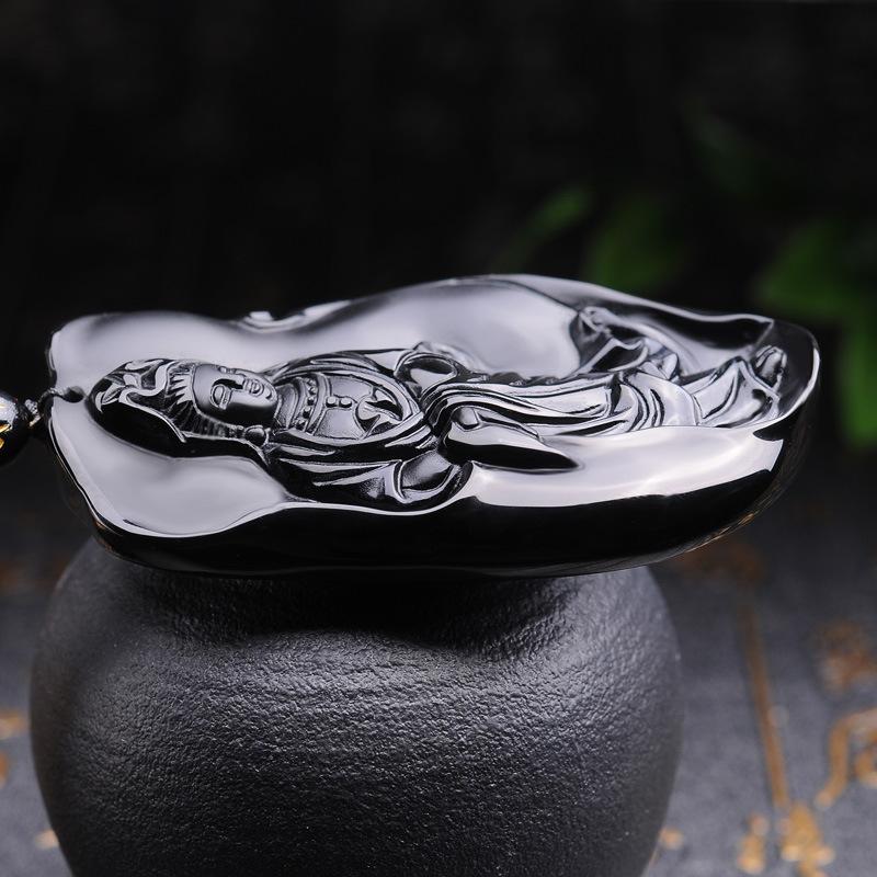 Natural Black Obsidian Guanyin Buddha Pendant  Protection Necklace