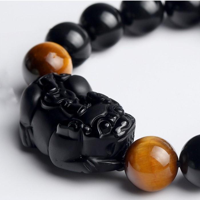 Natural Black Obsidian Pixiu Tiger Eye Bead Protection Bracelet