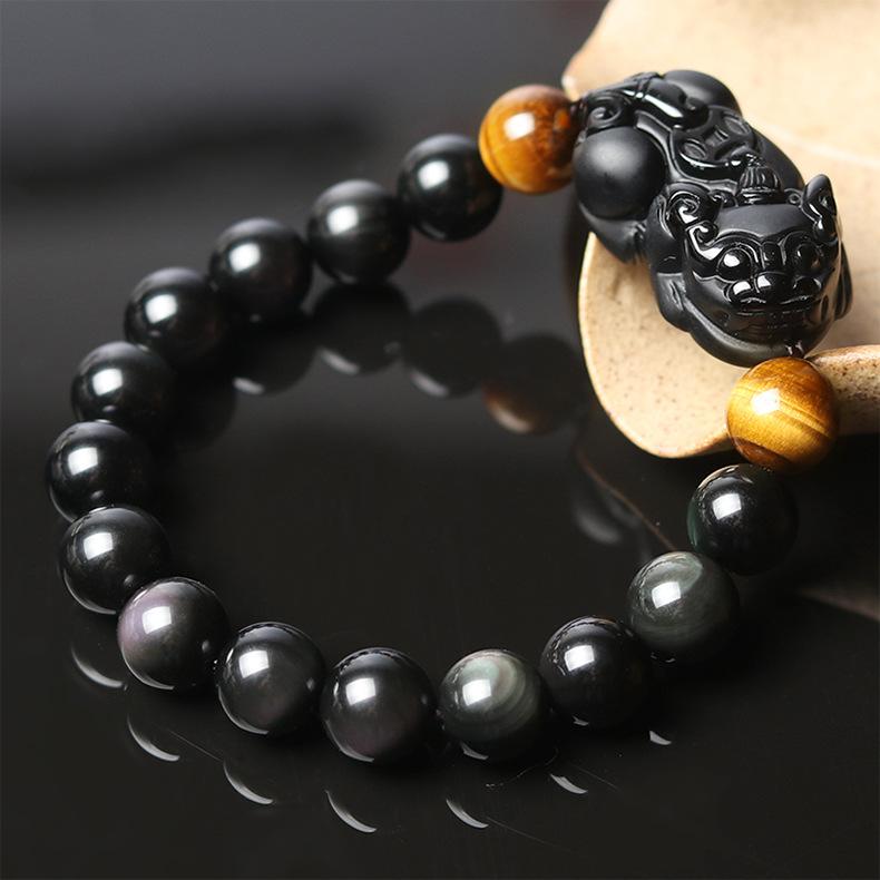Natural Black Obsidian Pixiu Tiger Eye Bead Protection Bracelet