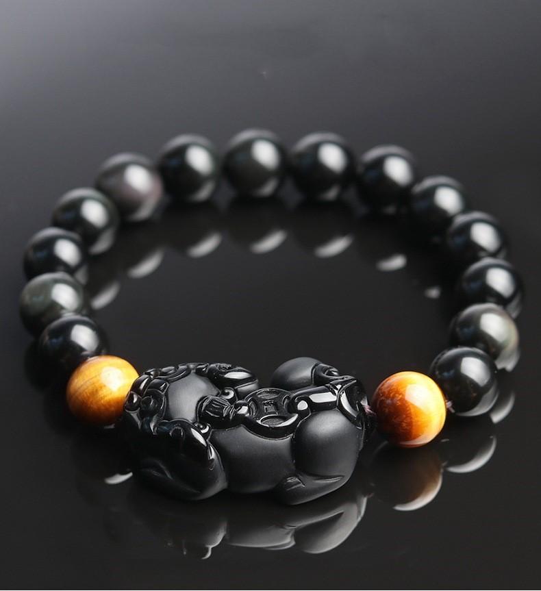 Natural Black Obsidian Pixiu Tiger Eye Bead Protection Bracelet