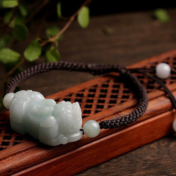 Natural Burma White Jade Pixiu Lucky Rope Bracelet