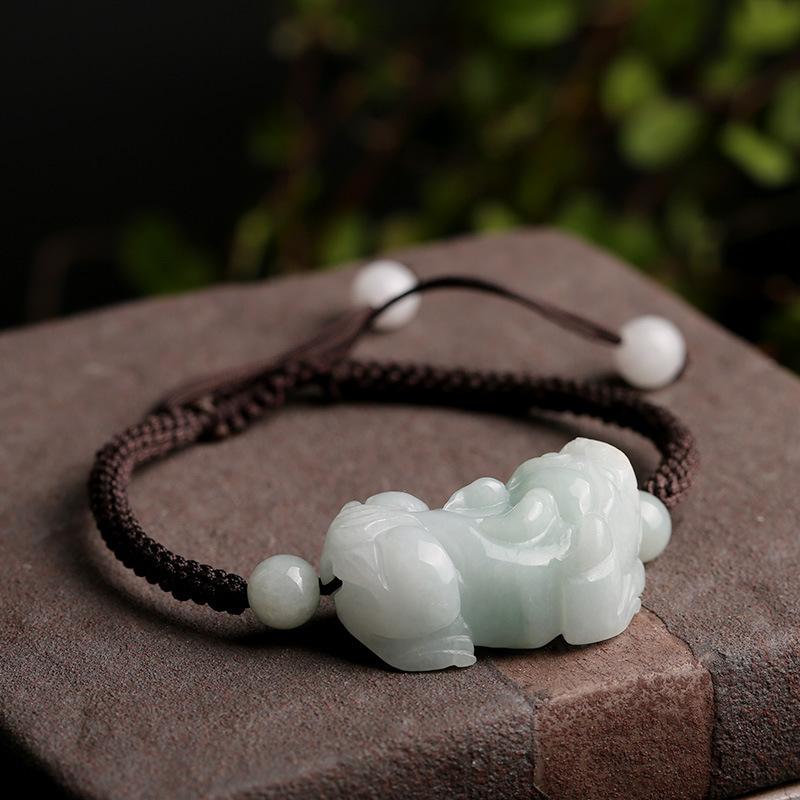 Natural Burma White Jade Pixiu Lucky Rope Bracelet