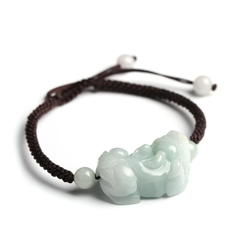 Natural Burma White Jade Pixiu Lucky Rope Bracelet
