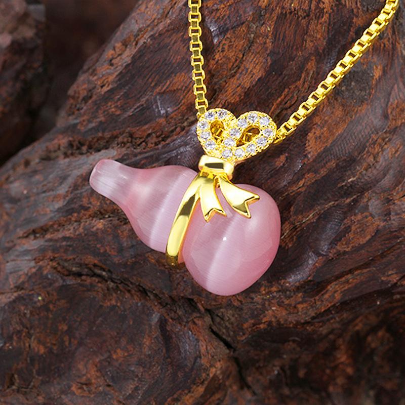 Natural Cat Eye Feng Shui Calabash Lucky Pendant Necklace