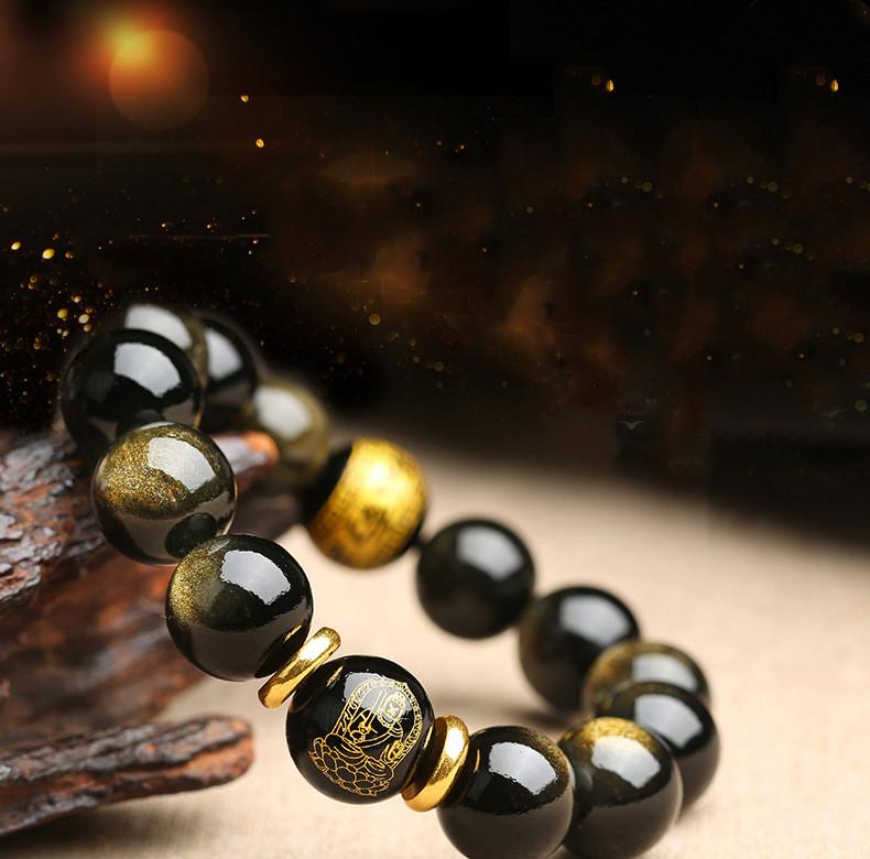 Natural Gold Obsidian Buddha Beads Protection Bracelet