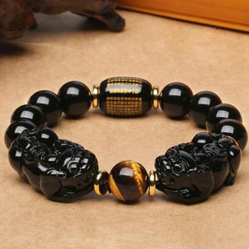 Natural Gold Obsidian Double Pi Yao Wealth Bracelet