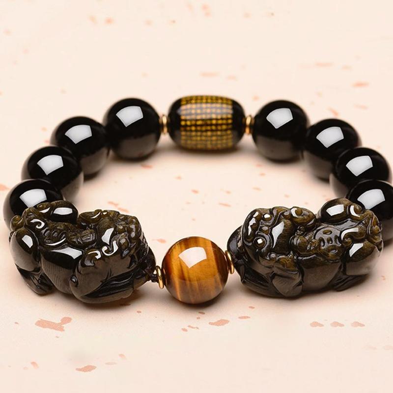 Natural Gold Obsidian Double Pi Yao Wealth Bracelet