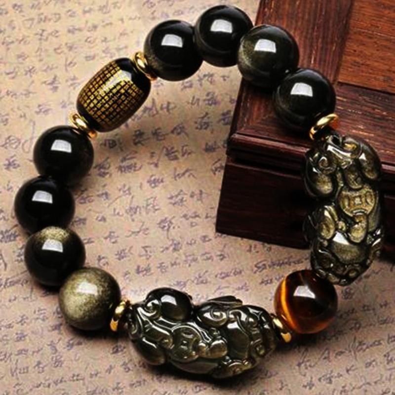 Natural Gold Obsidian Double Pi Yao Wealth Bracelet