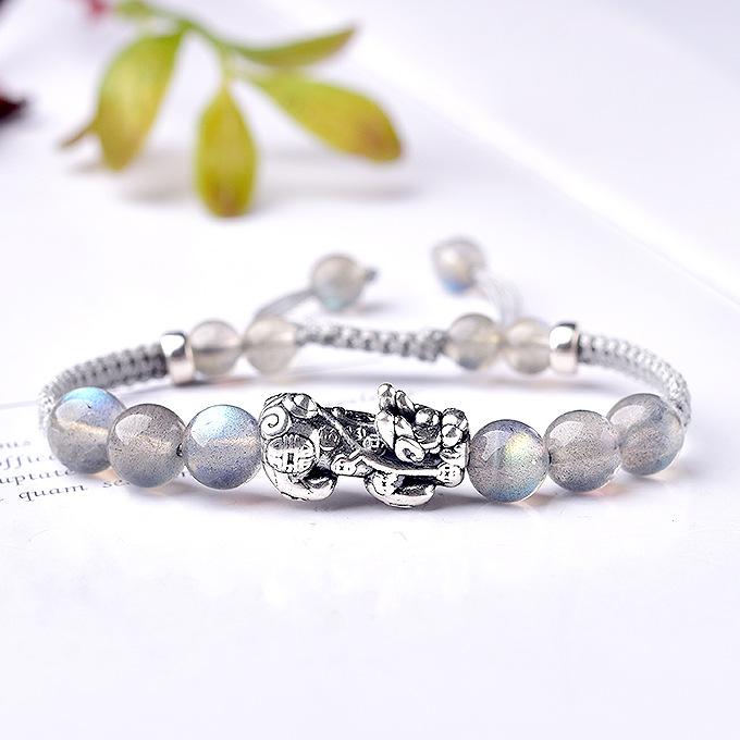 Natural Gray Moon Stone Bead Silver Pixiu Healing Bracelet