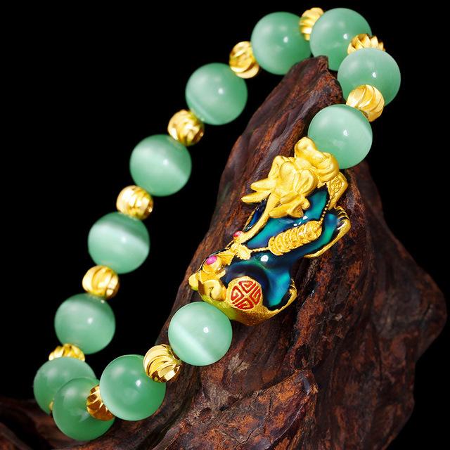 Natural Green Cat`s Eye Color Changing Pixiu Wealth Bracelet
