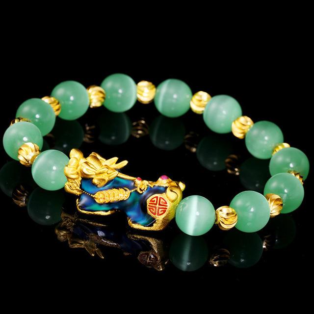 Natural Green Cat`s Eye Color Changing Pixiu Wealth Bracelet