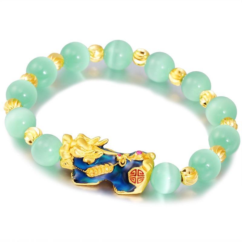 Natural Green Cat`s Eye Color Changing Pixiu Wealth Bracelet