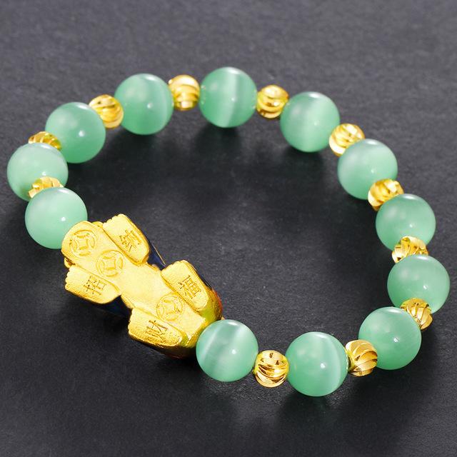 Natural Green Cat`s Eye Color Changing Pixiu Wealth Bracelet