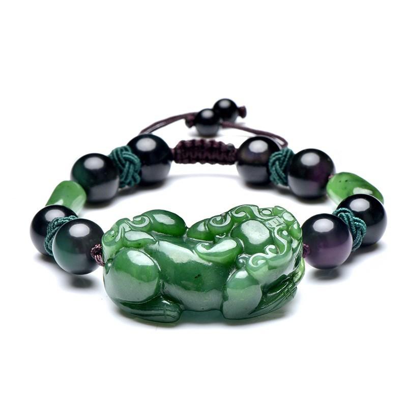 Natural Green Jade Pixiu Black Obsidian Bead Rope Wealth Bracelet