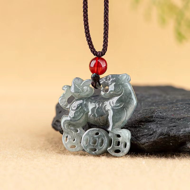 Natural Green Jade Tiger Pendant-Fengshui Wealth Coins