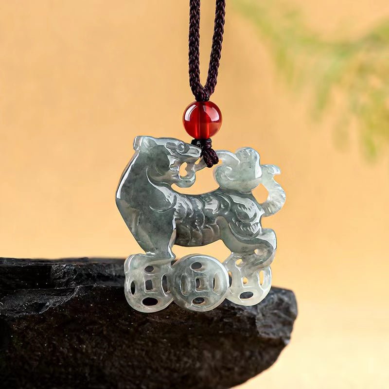 Natural Green Jade Tiger Pendant-Fengshui Wealth Coins