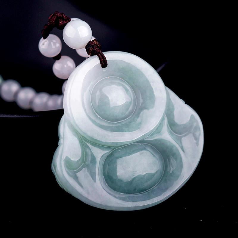 Natural Green White Jade Laughing Buddha Full Blessing Lucky Pendant