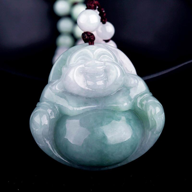 Natural Green White Jade Laughing Buddha Full Blessing Lucky Pendant