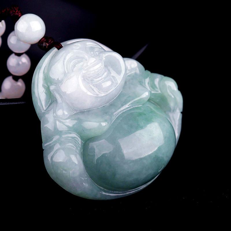 Natural Green White Jade Laughing Buddha Full Blessing Lucky Pendant