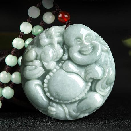 Natural Green White Jade Laughing Buddha Lucky Pendant Necklace
