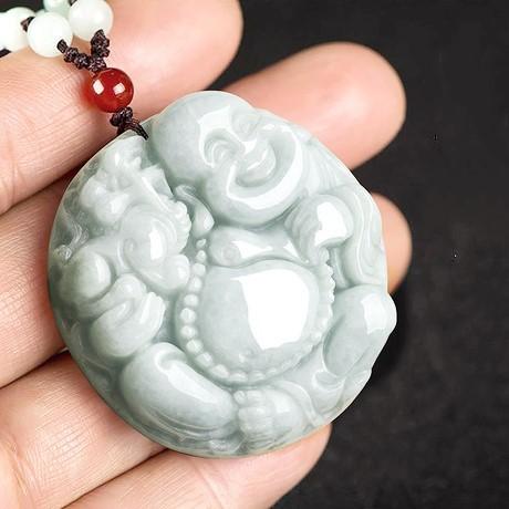 Natural Green White Jade Laughing Buddha Lucky Pendant Necklace