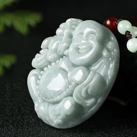 Natural Green White Jade Laughing Buddha Lucky Pendant Necklace