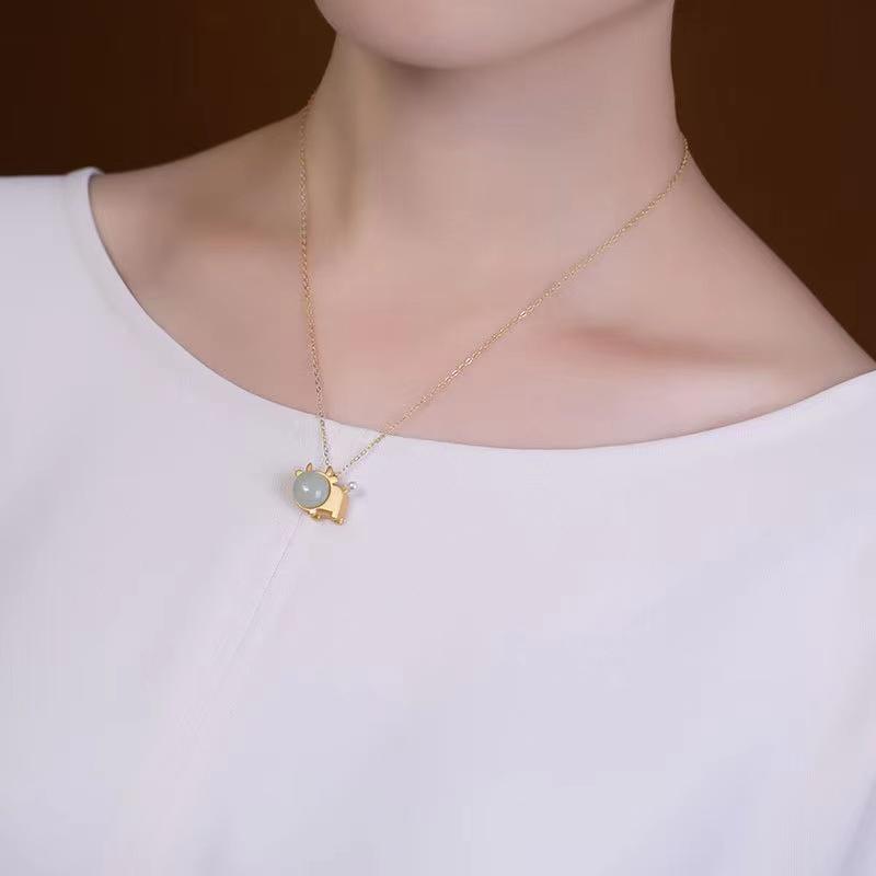 Natural Hetian Jade Fengshui Ox Lucky Pendant Necklace