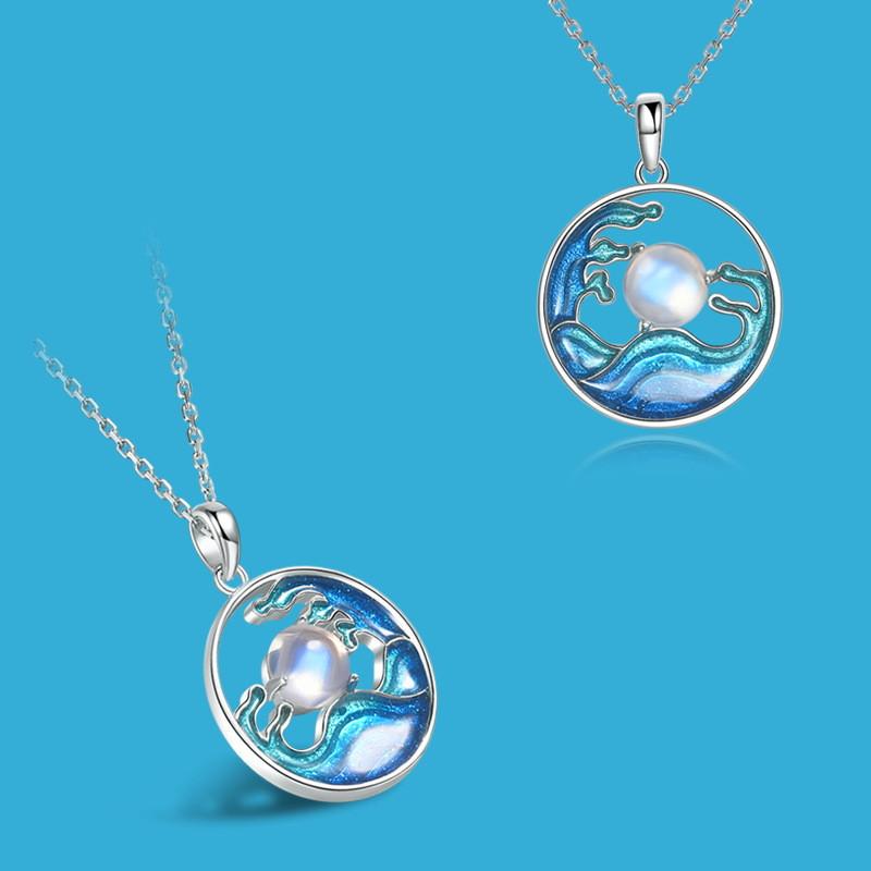 Natural Moonstone Enamel Waves Lucky 925 Silver Pendant Necklace