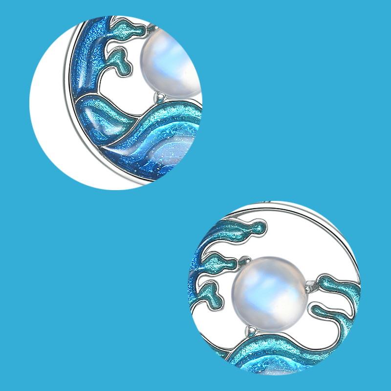 Natural Moonstone Enamel Waves Lucky 925 Silver Pendant Necklace