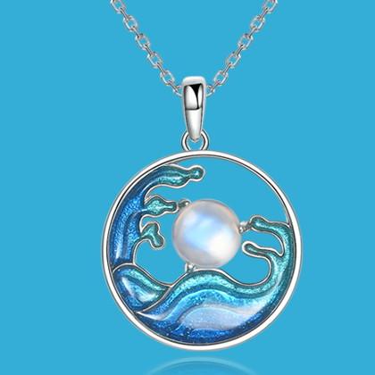 Natural Moonstone Enamel Waves Lucky 925 Silver Pendant Necklace