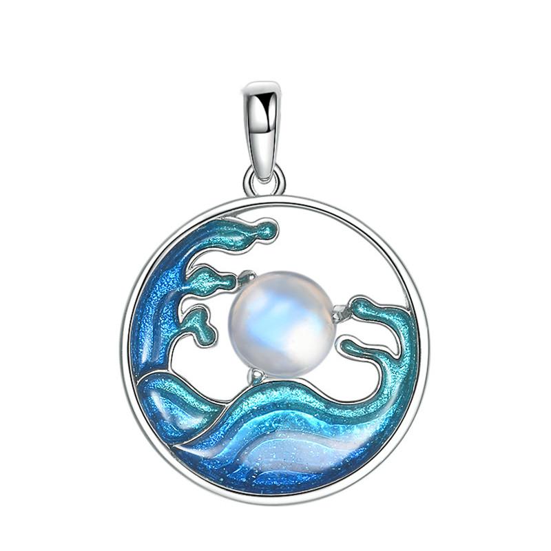 Natural Moonstone Enamel Waves Lucky 925 Silver Pendant Necklace