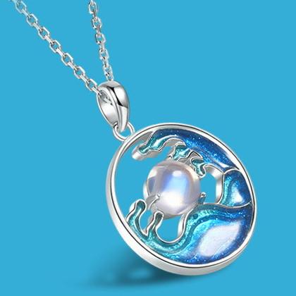 Natural Moonstone Enamel Waves Lucky 925 Silver Pendant Necklace