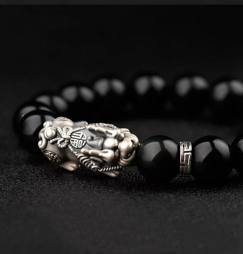 Natural Obsidian Silver Pixiu Lucky Bracelet